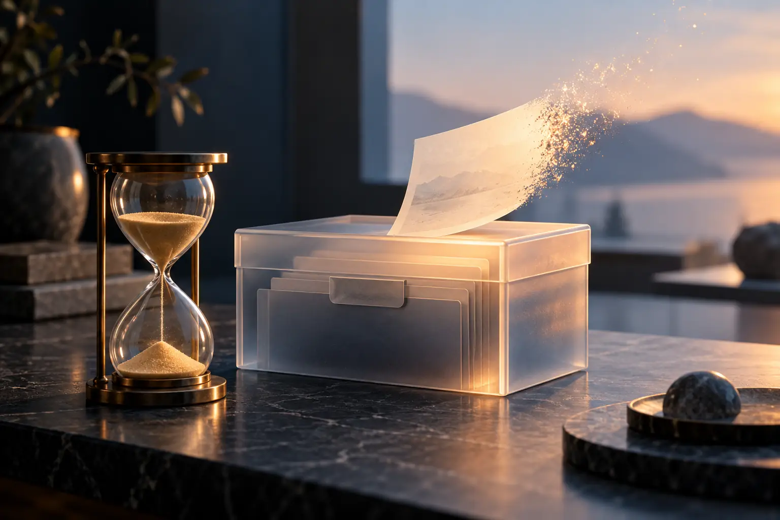 An hourglass beside an archive and a fading temporary card.