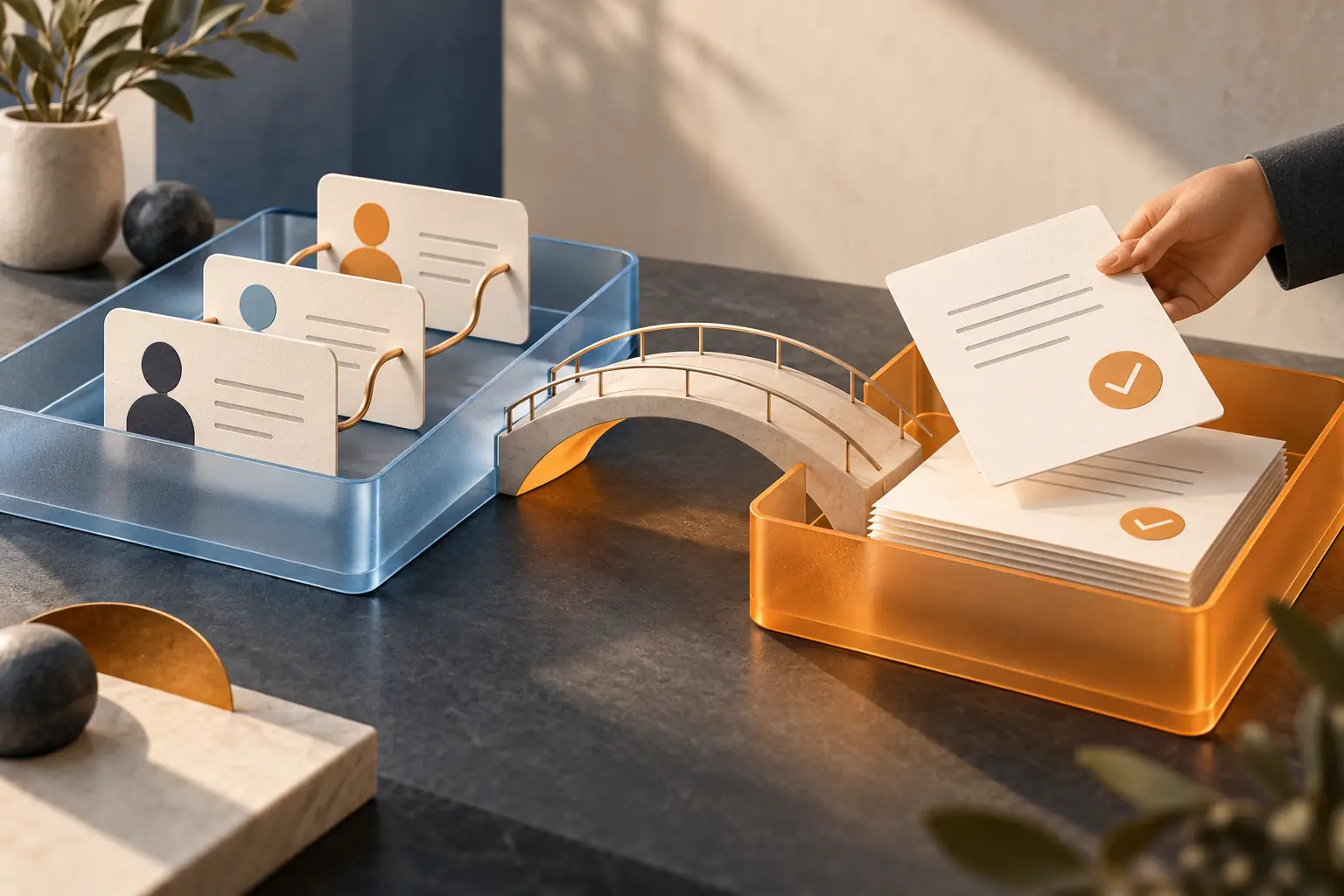 Two connected workspaces with contact records and document cards.